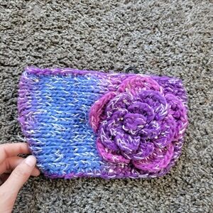 Crochet Headband/Ear Warmer Adjustable with Crochet Flower Pink Blue Glitter